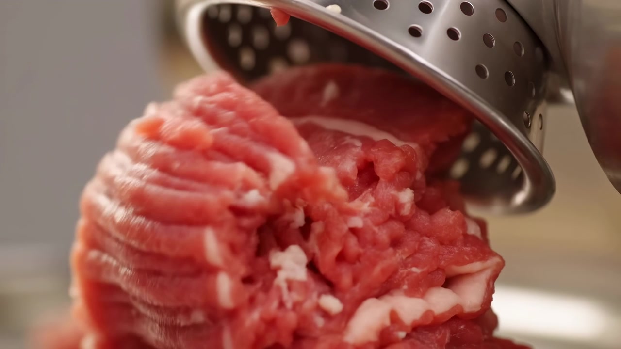 Close-up daging sapi mentah segar dipegang oleh alat logam berlubang dalam adegan memasak dalam ruangan yang buram lembut, dengan cahaya hangat yang menonjolkan tekstur dan warna