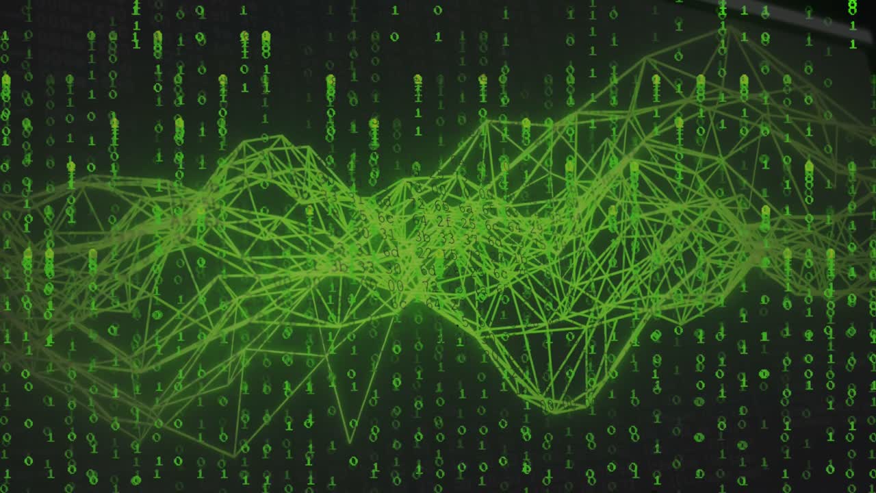 animación del procesamiento de datos de codificación binaria a través de conexiones verdes
