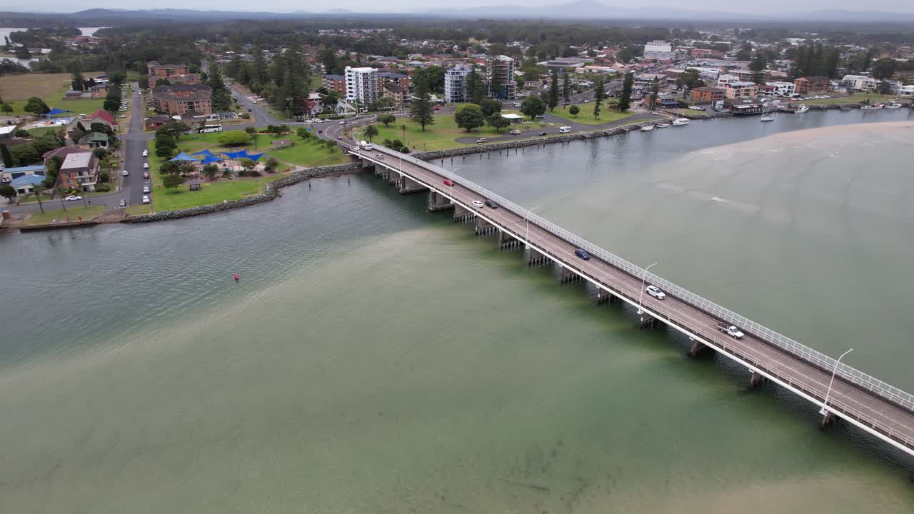 Aerial View Of Road Bridge Across Coolongolook River In Tuncurry, New South Wales, Australia.