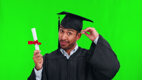 cara, graduado y hombre con certificado en verde