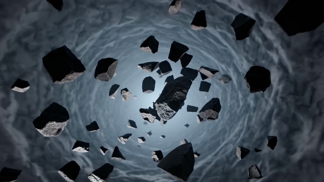 Dynamic sequence of floating rocks spiraling through a swirling vortex, showcasing the captivating motion and depth of the scene as it unfolds in a mesmerizing visual journey