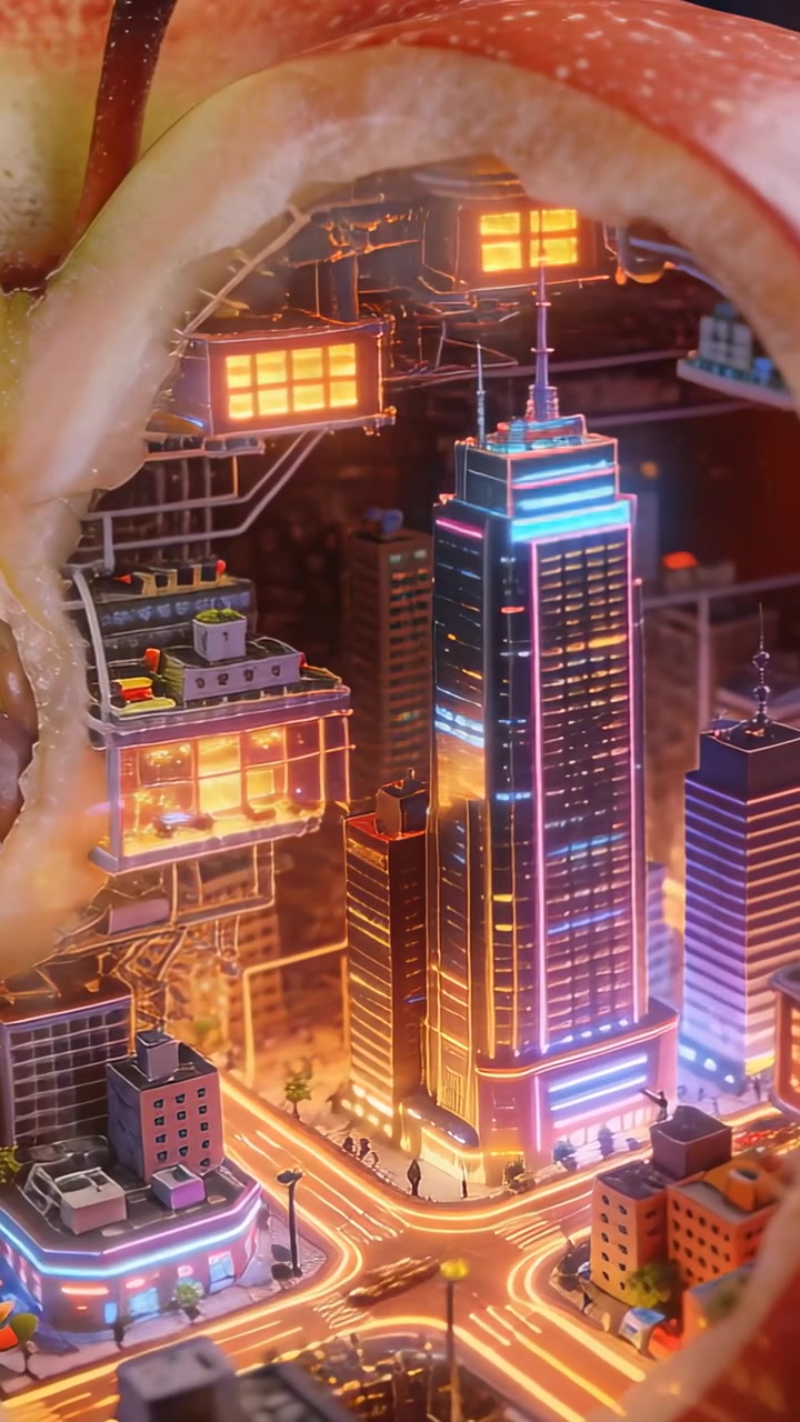 Vídeo vertical: Câmera panorâmica se movendo para dentro através de uma cidade de maçã cortada ao meio em galeria, mostrando torre de néon