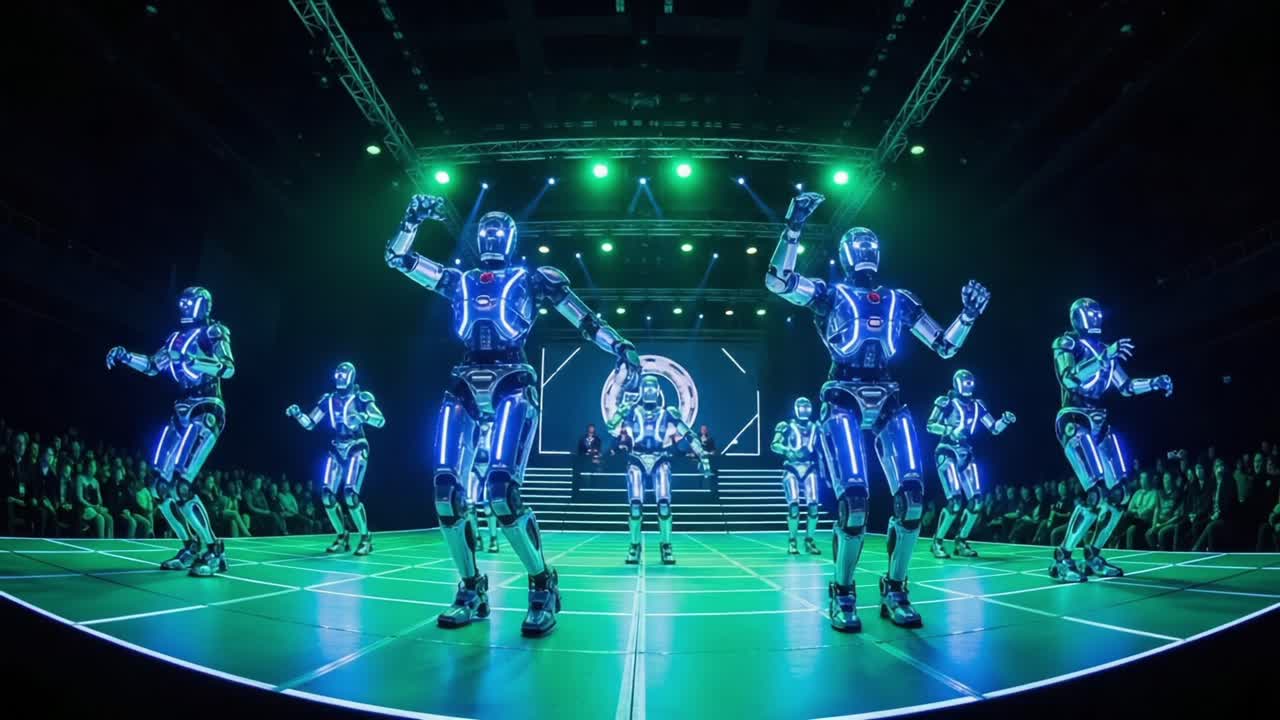 A captivating performance by futuristic dancing robots on stage, showcasing their synchronized movements under vibrant green lighting, captivating the audience with their advanced technology