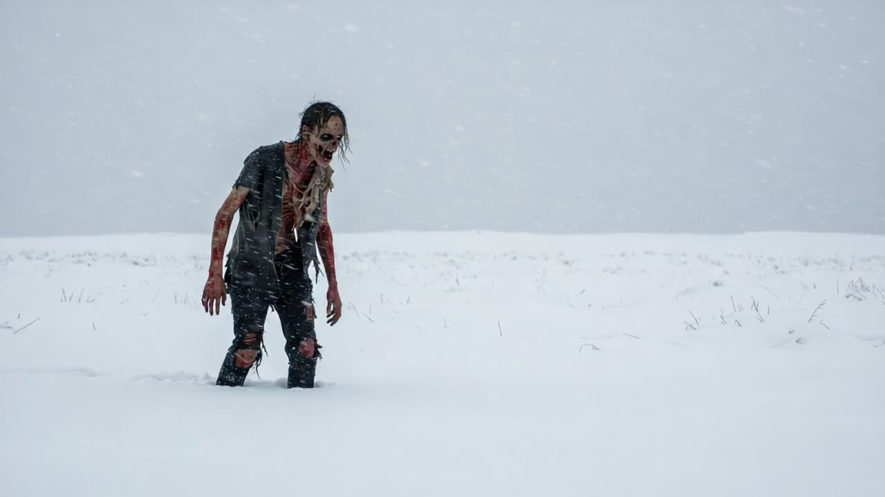 A sinister, blood-covered figure struggles through deep snow in a gloomy landscape, embodying an eerie presence amidst swirling winter elements and chilling isolation