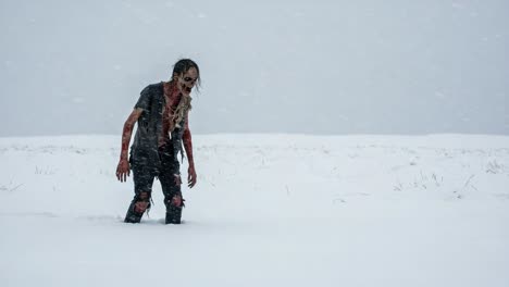 a sinister, blood-covered figure struggles through deep snow in a gloomy landscape, embodying an eerie presence amidst swirling winter elements and chilling isolation