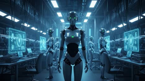 a futuristic robotics lab: advanced androids in a high-tech environment surrounded by digital interfaces and modern equipment showcasing cutting-edge technology