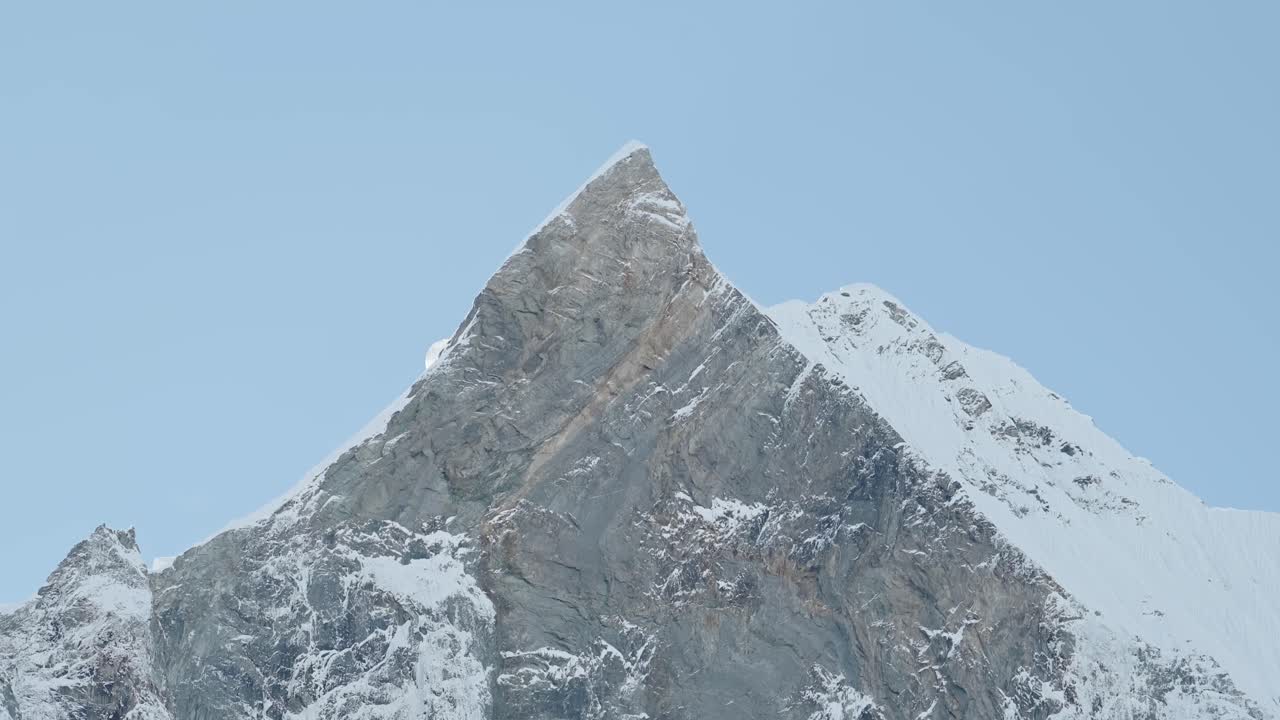 Massive Minimal Blue Winter Mountain Top in Himalayas Mountains in Nepal, Minimalist White and Blue Mountain Summit, Close Up Big Large Pointy Pointed Mountain Peak