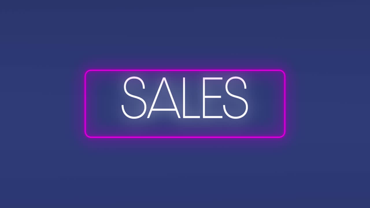 animación del texto de ventas sobre una pancarta púrpura de neón contra un fondo azul.