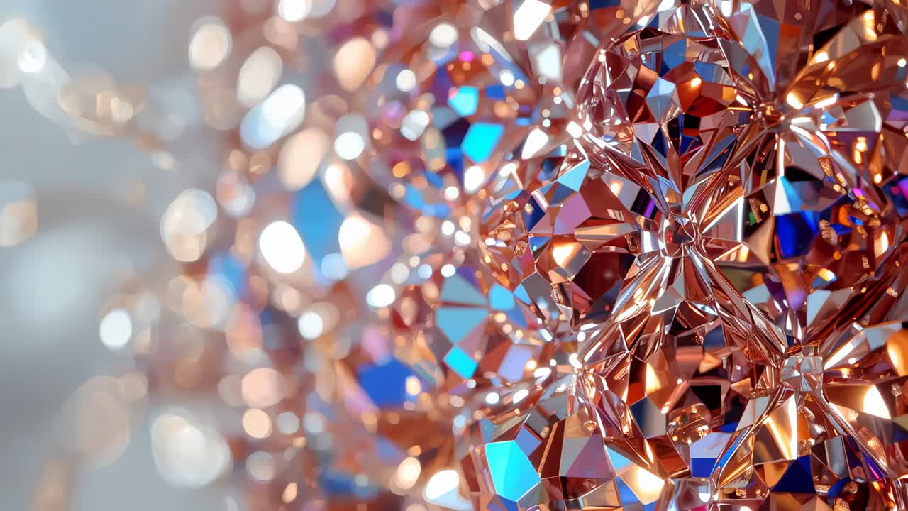Pulling camera inward macro lens revealing rosegold facets with bokeh, showing metal sheen