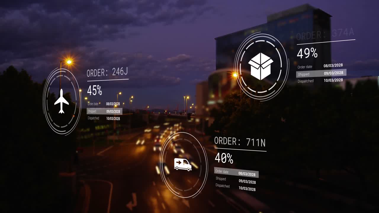 animación de iconos con procesamiento de datos sobre el paisaje urbano