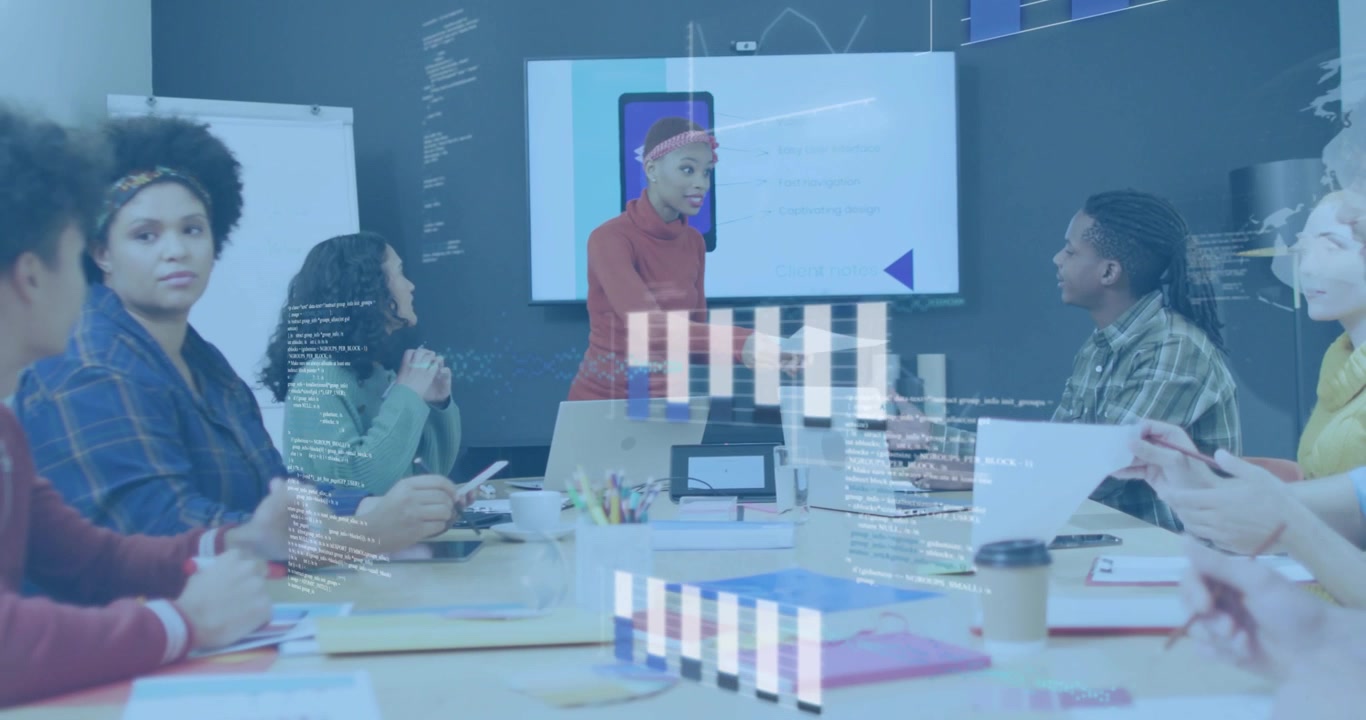 Presenter glancing at screen and handing docs while showing smartphone with animated business data