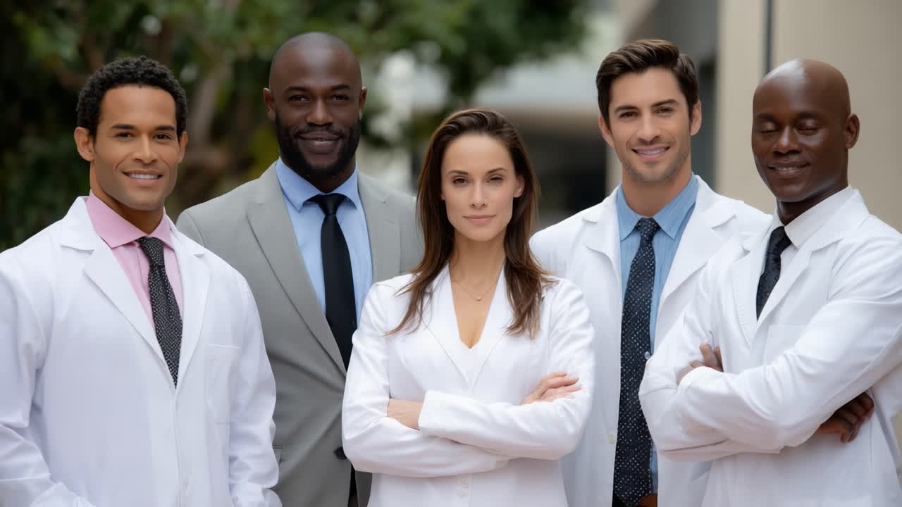A Diverse Group of Medical Professionals Poses Confidently Together in White Lab Coats, Smiling and Showcasing Teamwork, Dedication to Healthcare, and Commitment to Patient Care in a Professional Setting