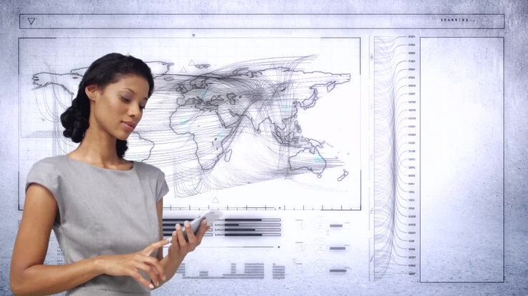 Businesswoman touching mobile phone with virtual digital interface