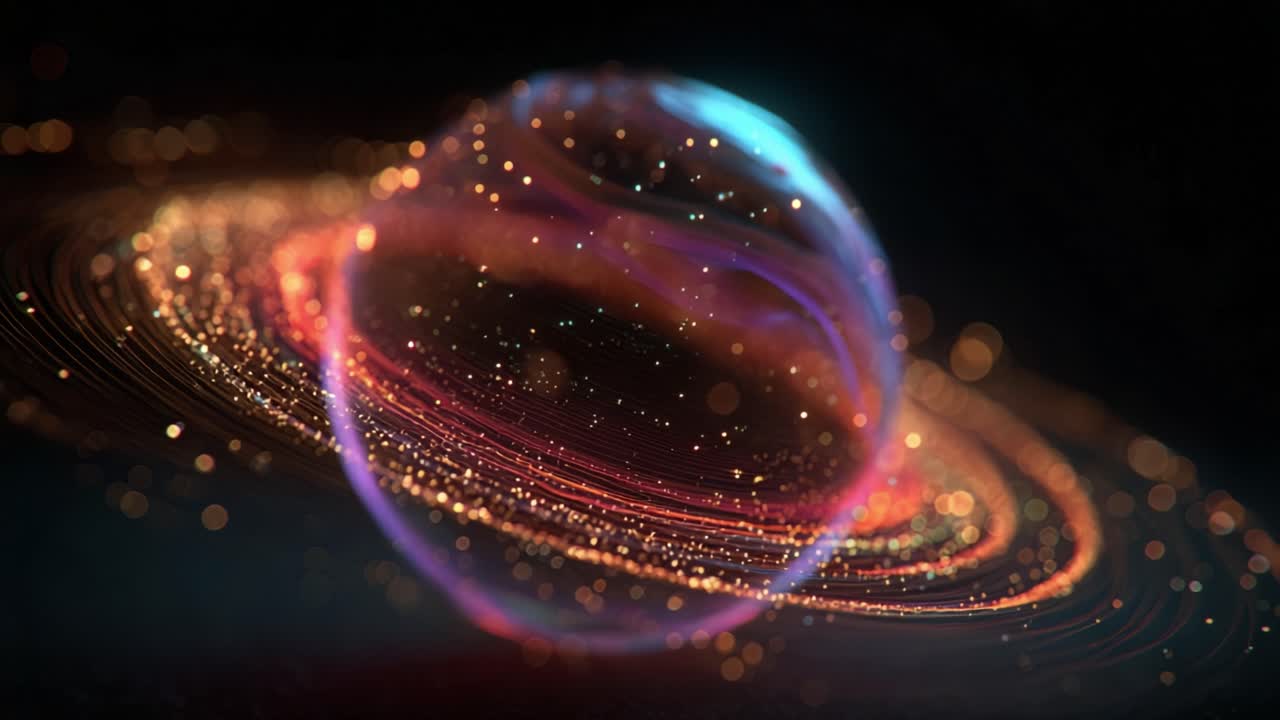 Abstract sphere surrounded by rings of glittering golden particles swirling in a cosmic dance on a dark background, representing concepts like big data, energy, and futuristic technology