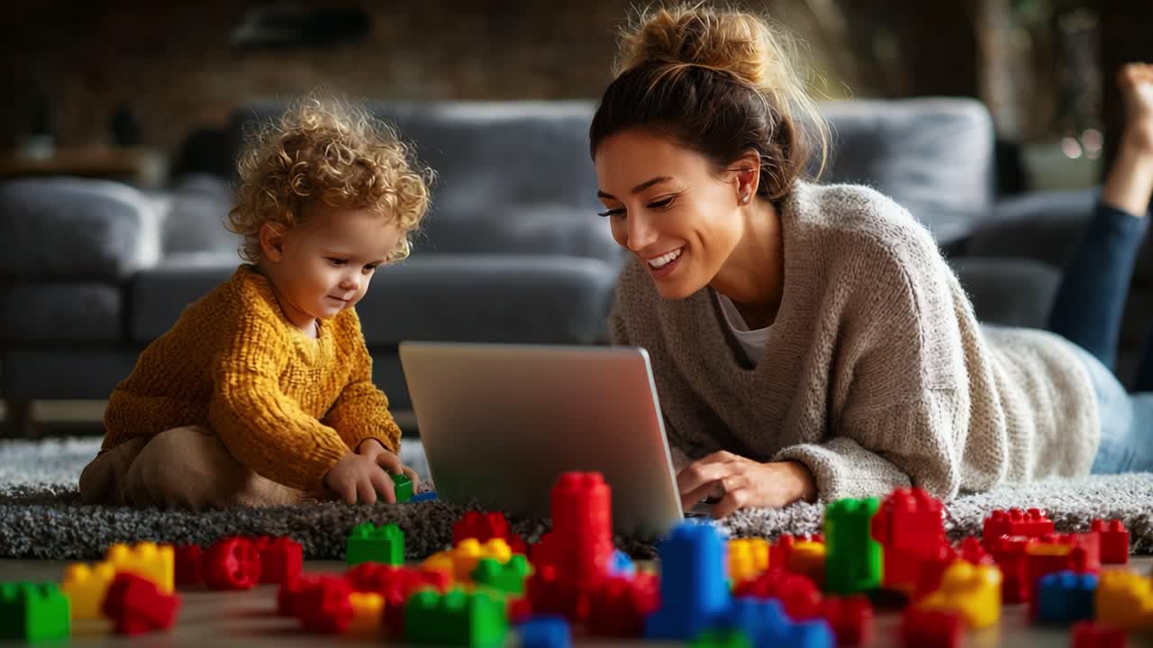 A joyful moment shared between a parent and child as they engage in playful learning with colorful building blocks while using a laptop on a cozy living room carpet