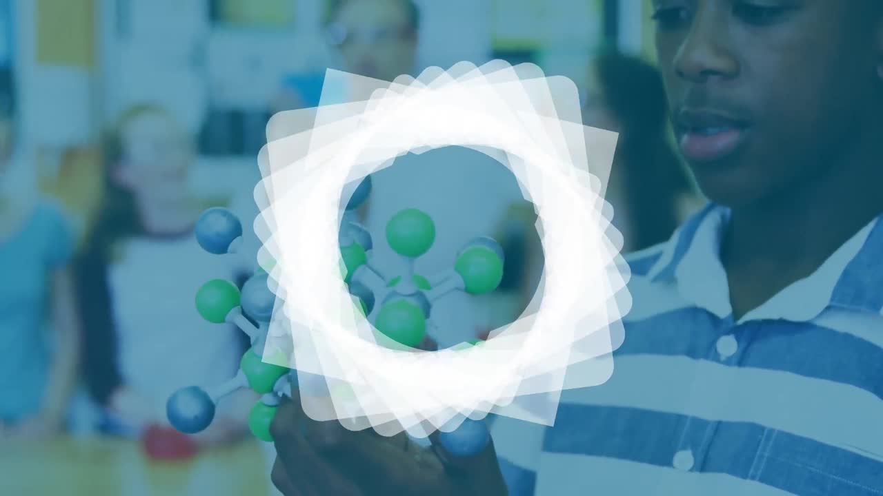 animación de formas en movimiento sobre escolar afroamericano en el laboratorio
