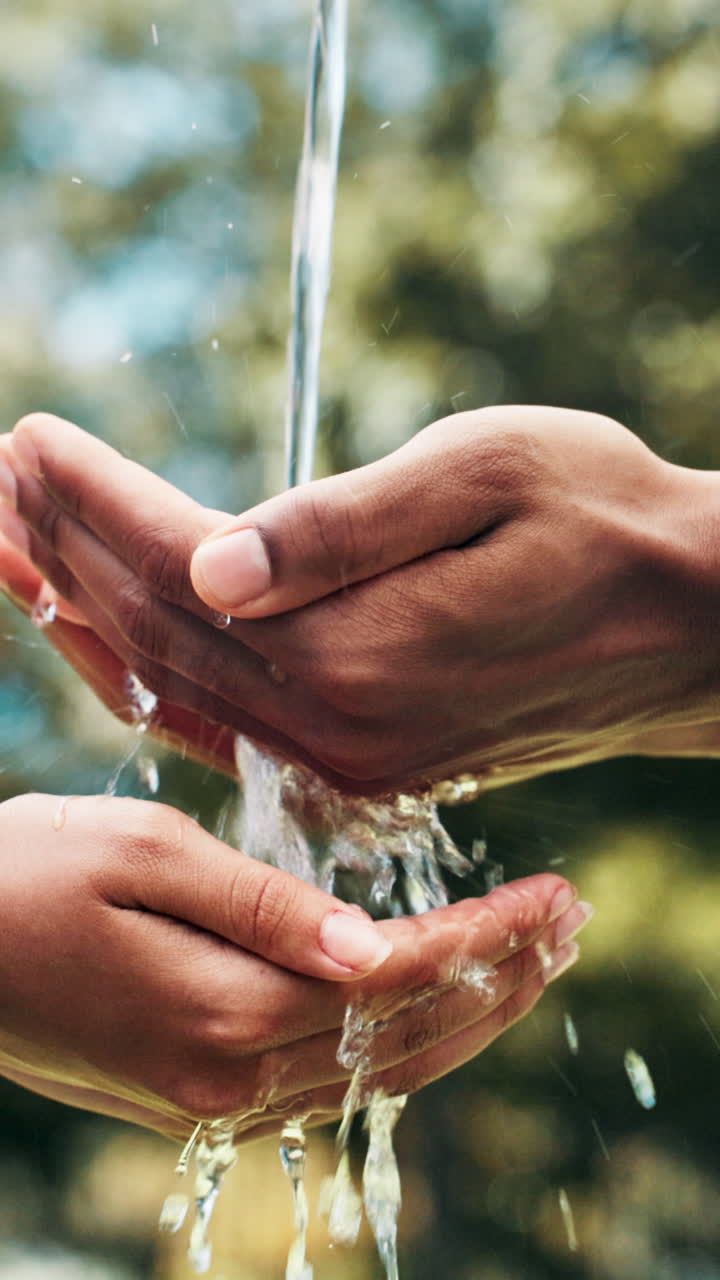 Primer plano de manos recogiendo agua fresca al aire libre