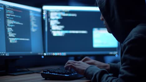 focused and intense: a programmer in a dark environment analyzing code on dual monitors, bringing software development to life with precision and skill