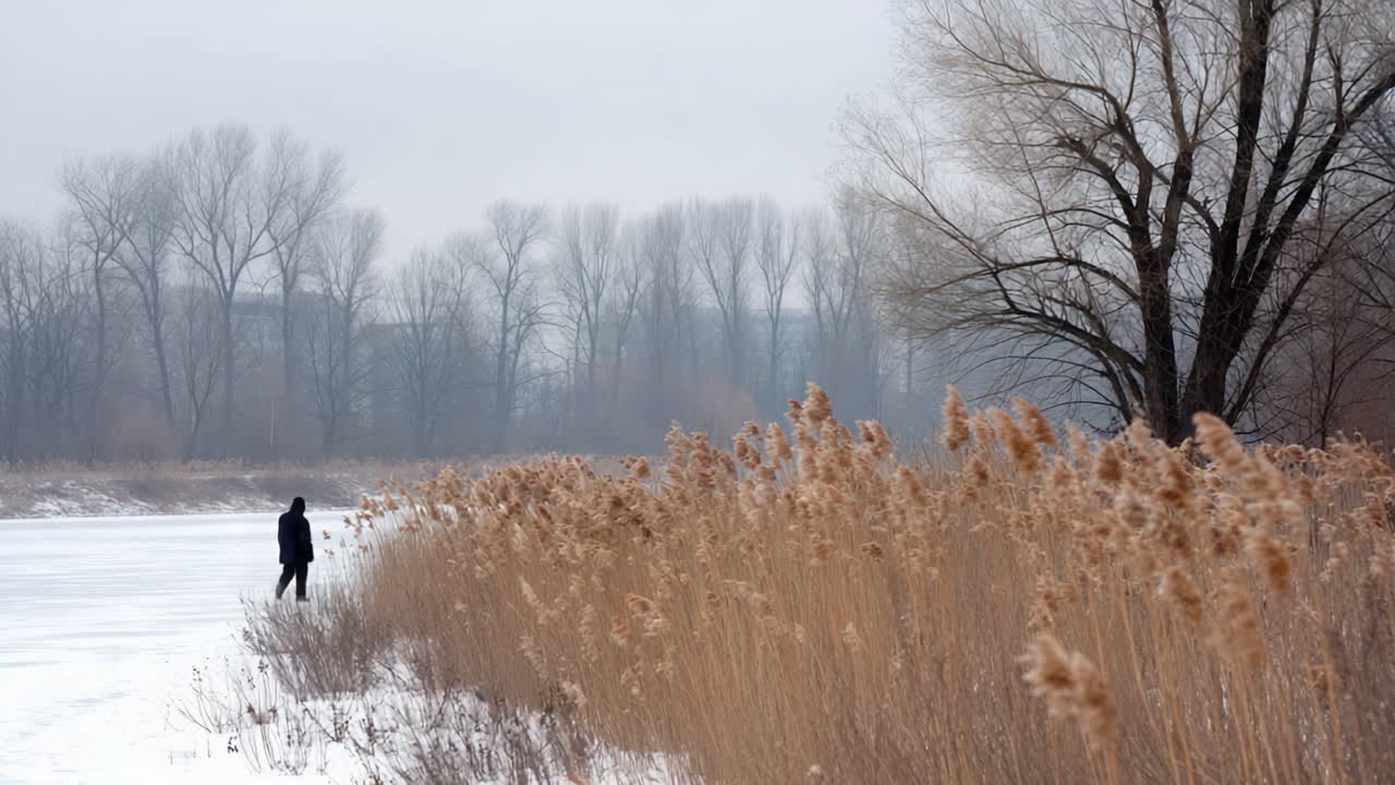 Solitary Wanderer Strolling Along a Frozen Riverbank Amidst Winter's Embrace, with Leafless Trees and Frosty Reeds in a Serene Landscape