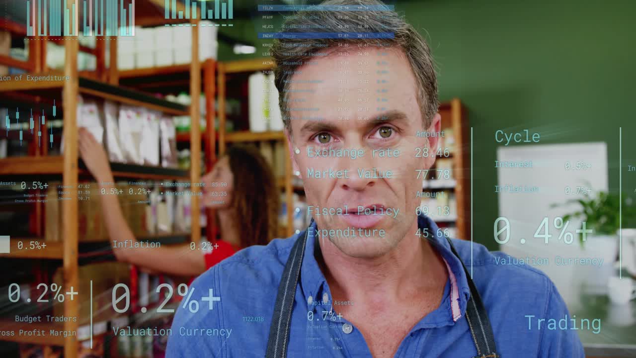 Shop owner speaking and activating animated charts tracking retail sales while rep stocking shelves