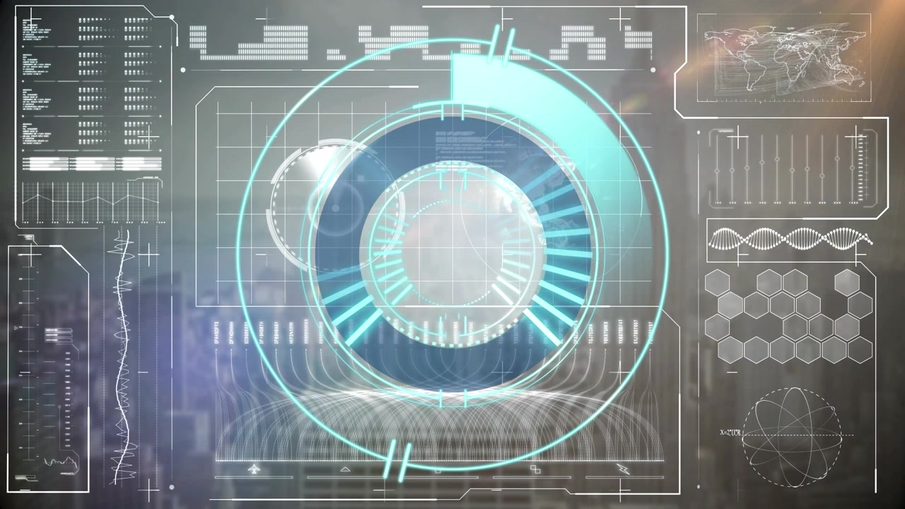 Animation of scansope over digital interface over cityscape