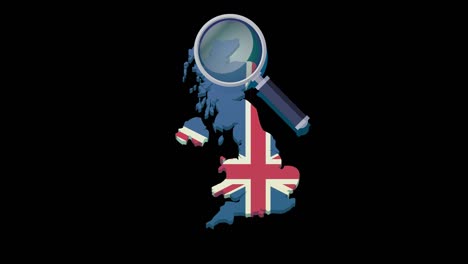 loop search with magnifying glass on the map of uk with the flag with alpha channel (flat design)