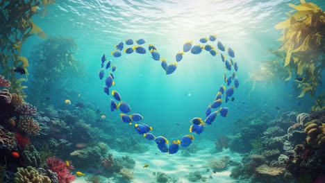 a beautiful deep-sea display of love: vibrant blue fish forming a heart shape amidst colorful coral reefs in a sunlit underwater wonderland