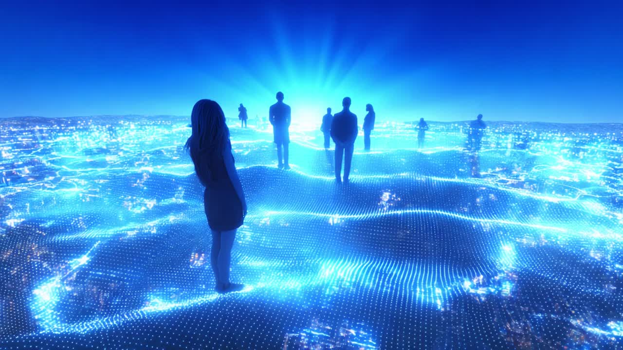 A Futuristic Gathering of Silhouetted Figures on a Light-Infused Digital Terrain Overlooking a City, Symbolizing Connectivity, Innovation, and the Future of Technology Interactions