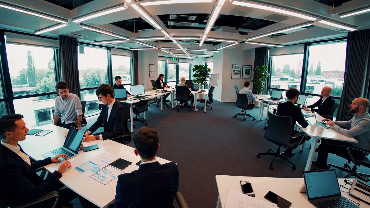 Wide-angle video of a modern open-plan office with large windows, showing professionals working