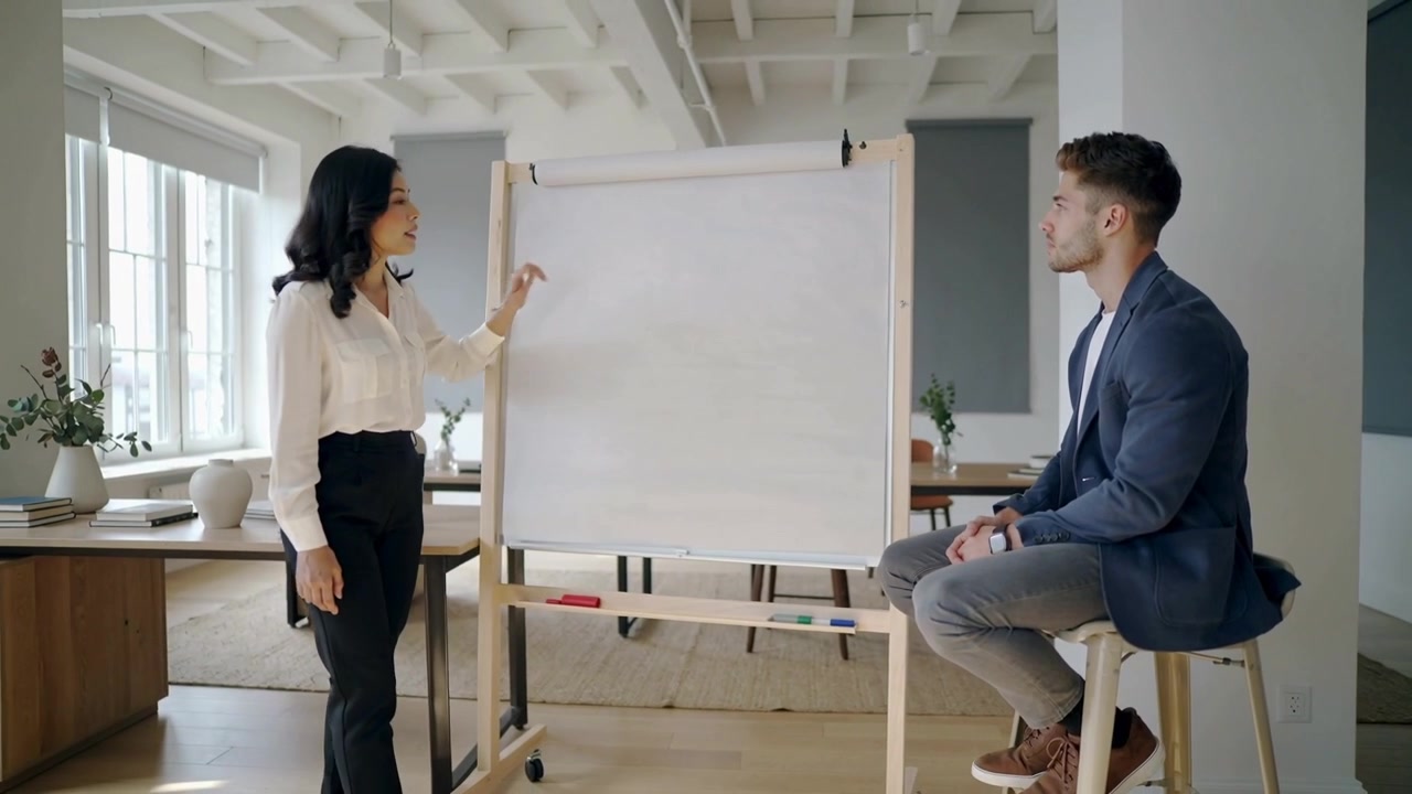Placerer hånden på en flipover, præsentator i hvid bluse og sorte bukser forklarer i et mødelokale.