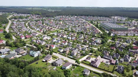 aerial side panning shot of the suburbs of a small town ukmerge in lithuania