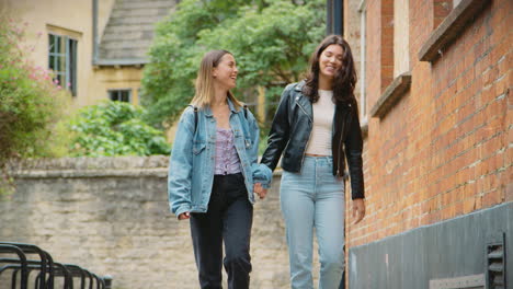 same sex female couple sightseeing as they hold hands and walk around oxford uk