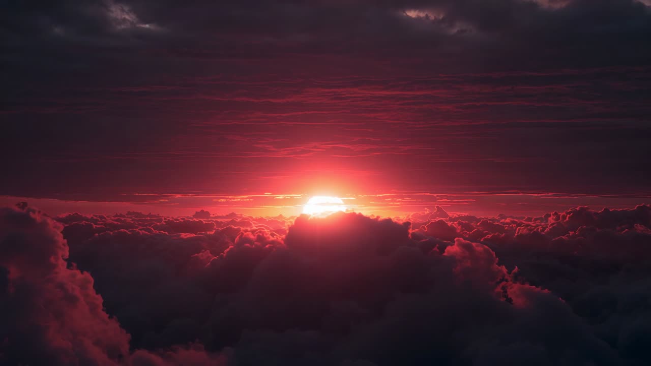 Rising sun climbing above cloud crest, brightening dense cloud bank at horizon, casting warm halo