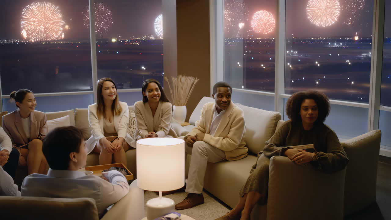 Diverse group of people enjoying fireworks from a modern high-rise lounge