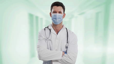 retrato de un médico caucásico con una máscara facial contra un fondo blanco