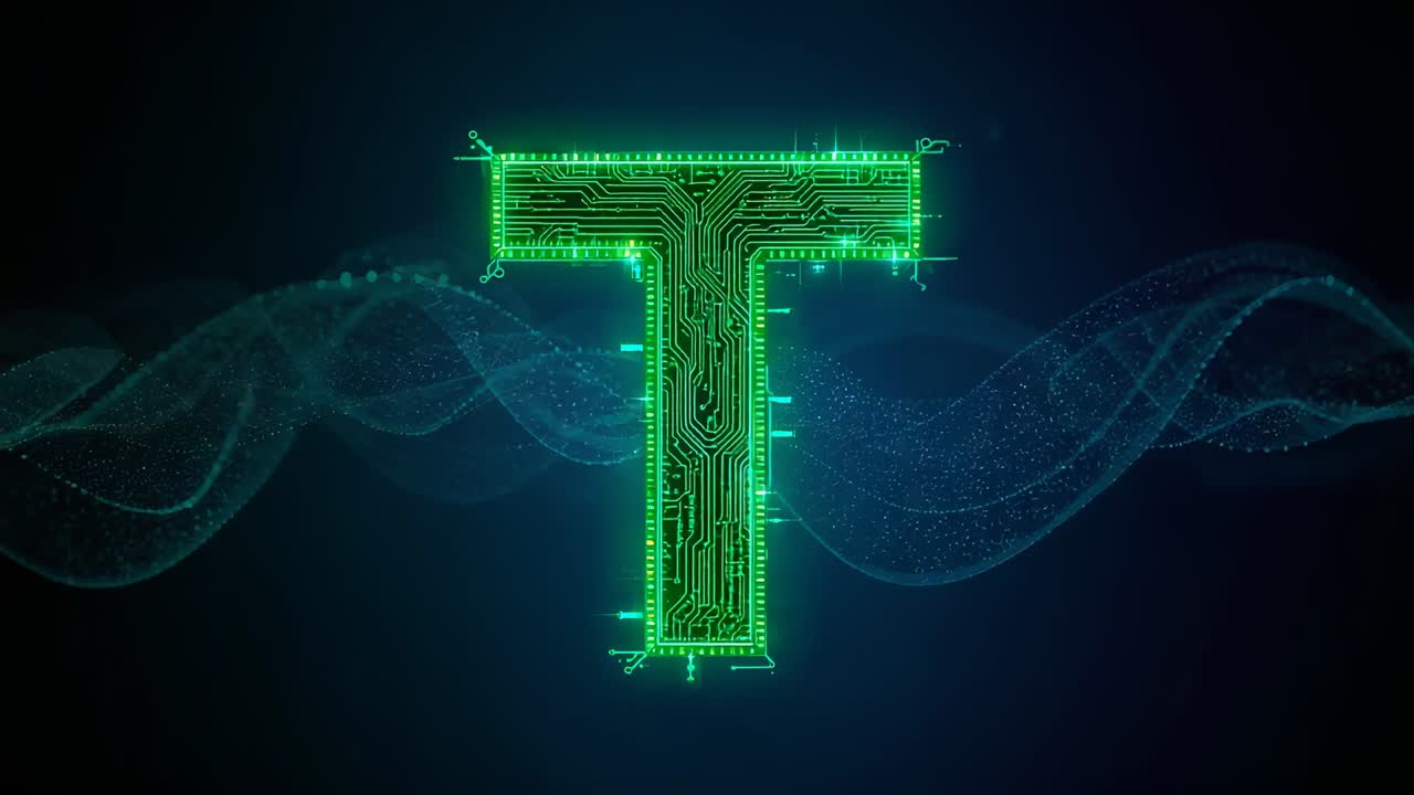 Animating neon green letter T pulsing in dark void with rippling teal wave, suggesting energy flow