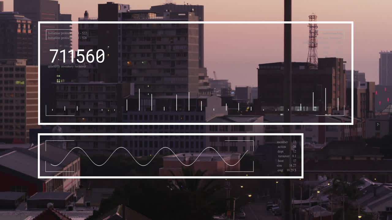 도시 풍경 위의 금융 데이터 처리 애니메이션