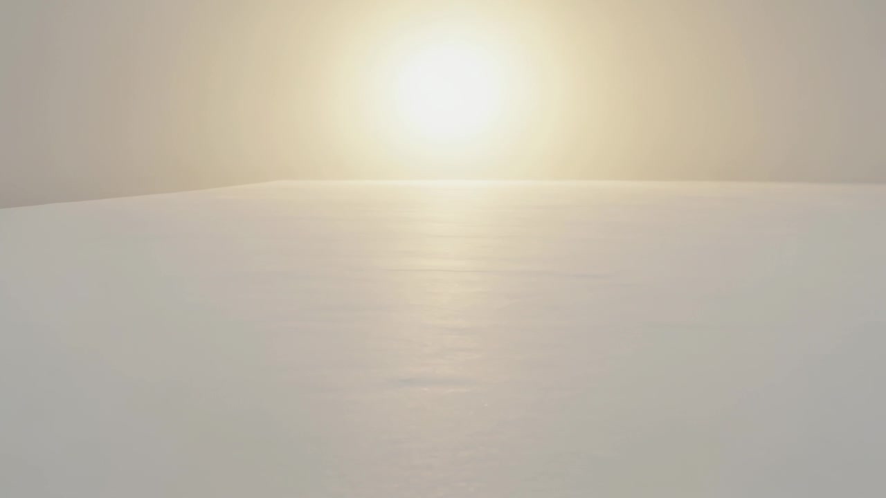 Un disco luminoso brillante che sorge, si illumina e si espande su una superficie liscia e lucida, creando un alone caldo.