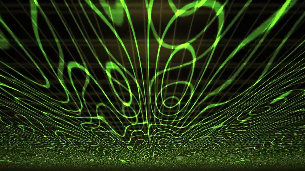 Abstract Green Neon Light Waves Moving Over Grid Background