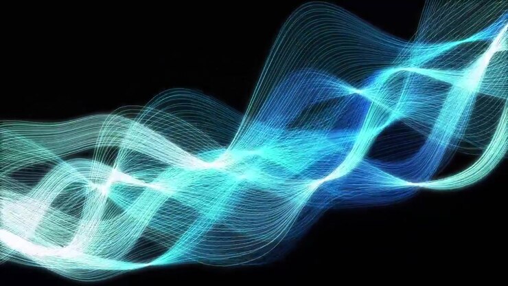 Luminous turquoise and blue wave ribbons undulating gracefully against a deep black background.