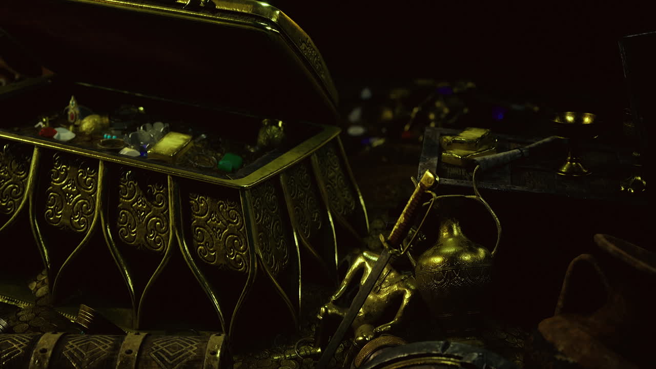 Treasured artifacts and mysterious objects in a dimly lit chamber