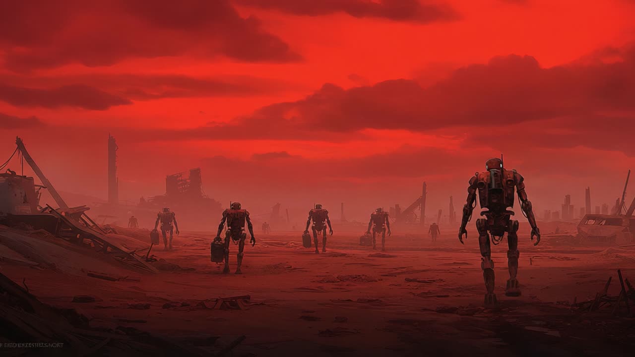 A haunting post-apocalyptic landscape reveals robotic figures navigating through a desolate crimson terrain, amidst the remnants of a shattered civilization under a dramatic sky