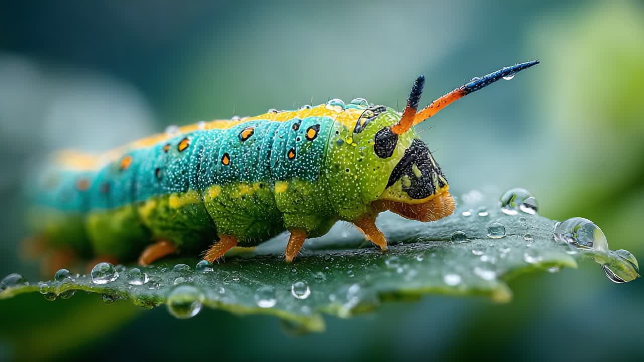 A Close-Up View of a Colorful Caterpillar with Dew Drops, Showcasing Its Vibrant Patterns and Textures on a Leaf Amidst a Lush Green Background