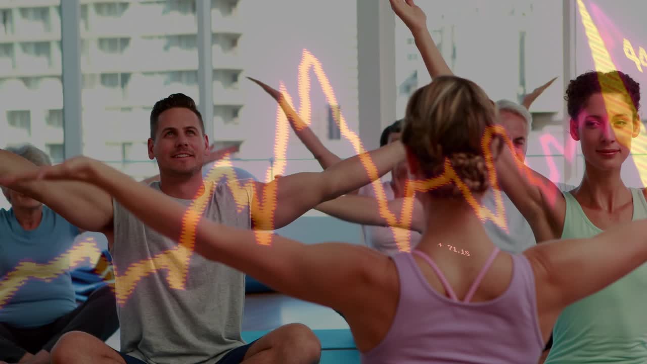 Instructor raising arms and initiating class flow in yoga, waveform overlaying class with numbers