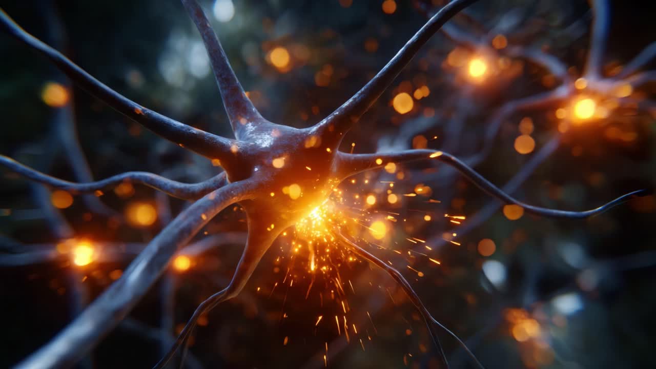 Close-Up Visualization of Neurons Firing with Sparks of Activity in a Neural Network, Highlighting the Dynamic Interactions of Brain Cells and Synapses