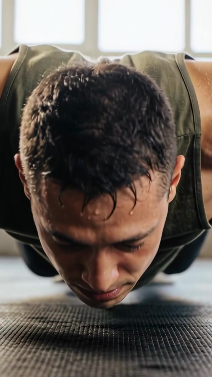Vertical video: Exhaling sweaty man in olive tank launching off mat for power, landing into push-up