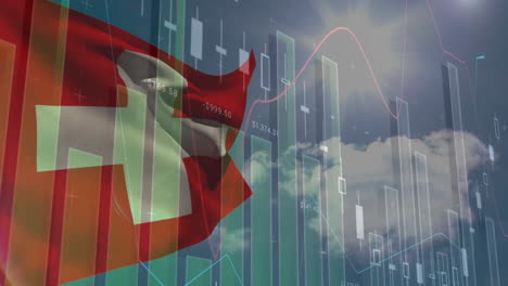 animation of statistics and financial data processing over flag of switzerland