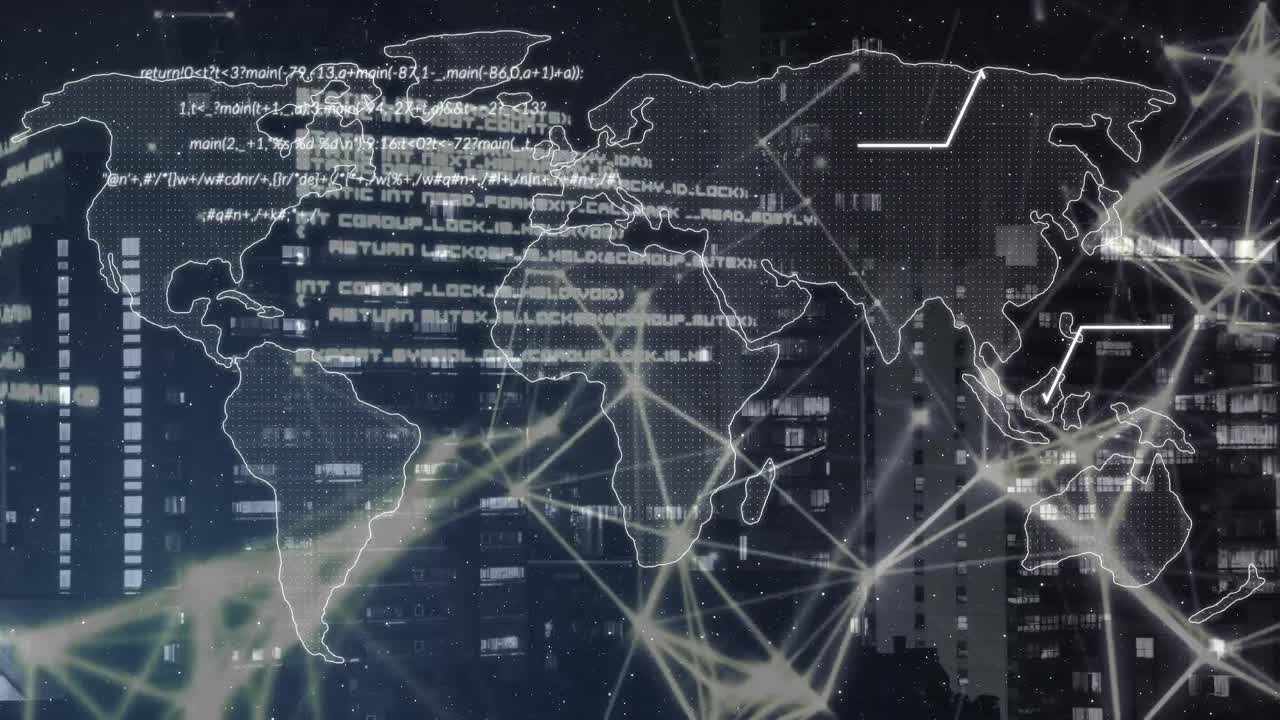 Animation of network of connections with world map over cityscape