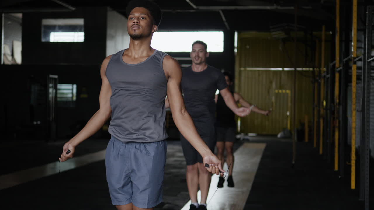 hombres saltando la cuerda en el gimnasio