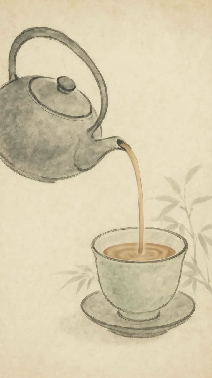 Elegant watercolor style of a teapot pouring tea into a cup, viewed from a high angle